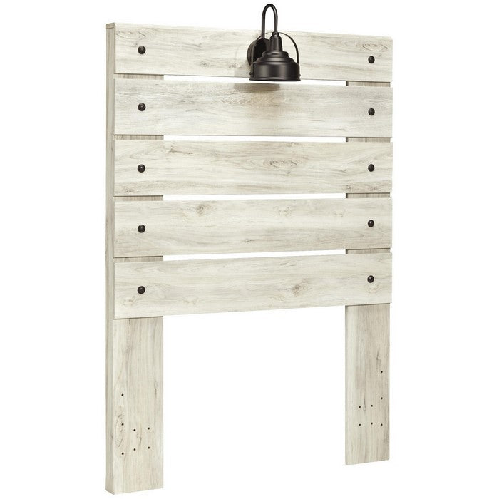 Transitional Wooden Twin Panel Headboard with Slated Design and Lamp, White