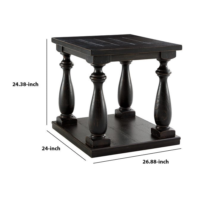 Plank Style Wooden End Table with Turned Legs and Open Bottom Shelf, Black