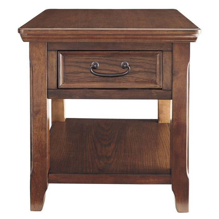 1 Drawer Wooden End Table with Chamfered Legs and Open Bottom Shelf, Brown