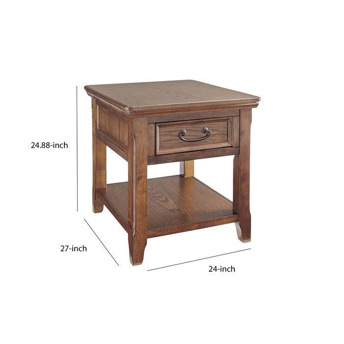 1 Drawer Wooden End Table with Chamfered Legs and Open Bottom Shelf, Brown