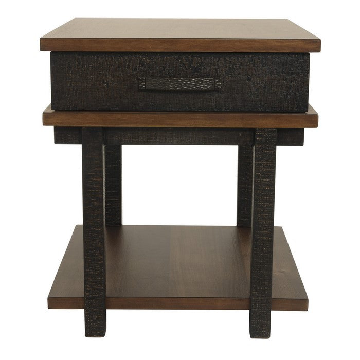 Textured Two Tone Wooden End Table with 1 Drawer, Brown