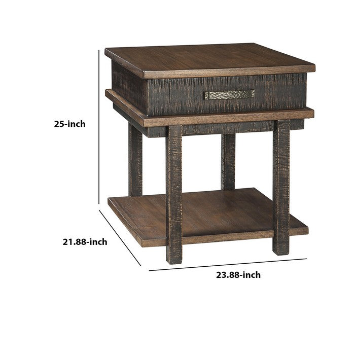 Textured Two Tone Wooden End Table with 1 Drawer, Brown