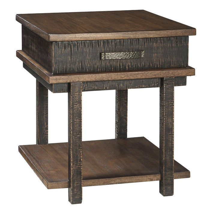 Textured Two Tone Wooden End Table with 1 Drawer, Brown