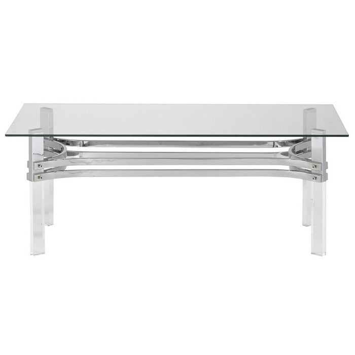 Rectangular Glass Top Cocktail Table with Straight Acrylic Legs, Clear and Chrome