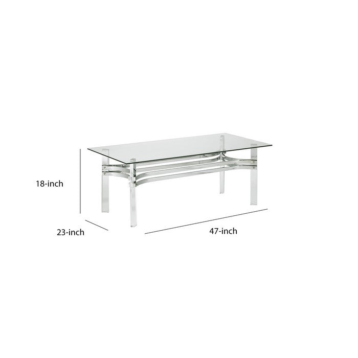 Rectangular Glass Top Cocktail Table with Straight Acrylic Legs, Clear and Chrome
