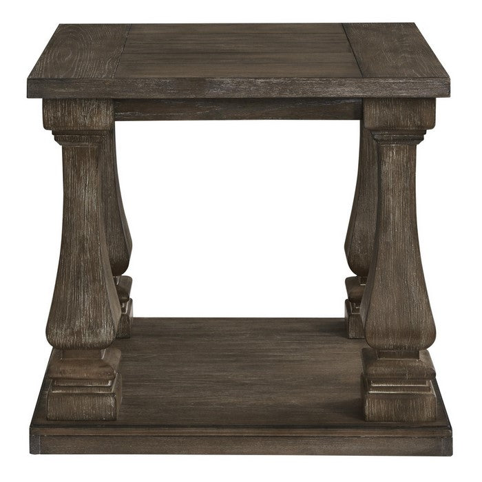 Plank Style End Table with Connected Legs and Open Shelf, White and Brown