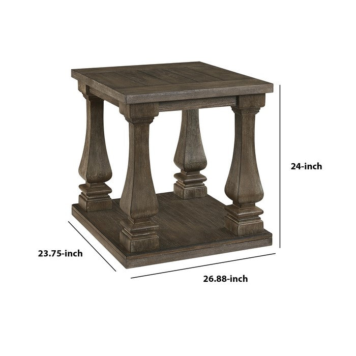 Plank Style End Table with Connected Legs and Open Shelf, White and Brown