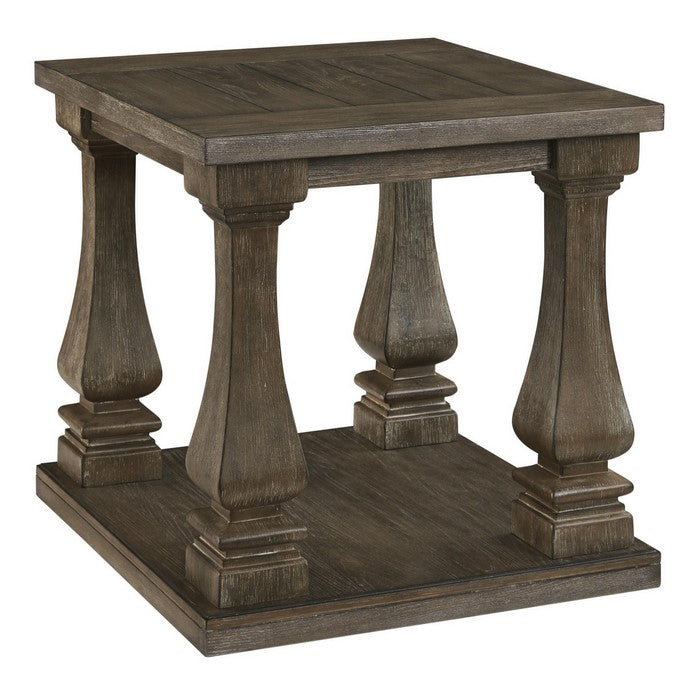 Plank Style End Table with Connected Legs and Open Shelf, White and Brown