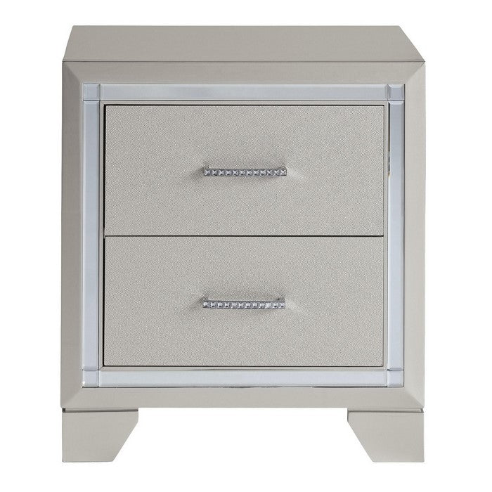 Contemporary Style Wooden Two Drawer Nightstand with Mirror Trim, Silver
