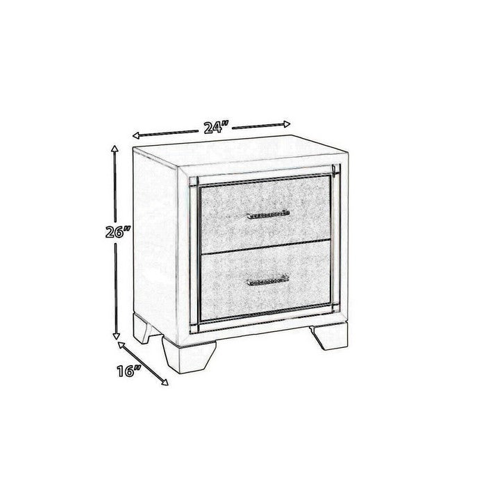 Contemporary Style Wooden Two Drawer Nightstand with Mirror Trim, Silver