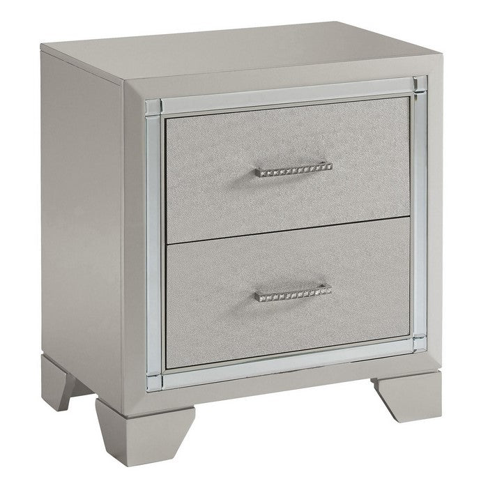 Contemporary Style Wooden Two Drawer Nightstand with Mirror Trim, Silver