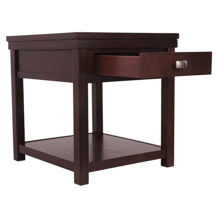 Rectangular Wooden End Table with 1 Drawer and Open Bottom Shelf, Brown