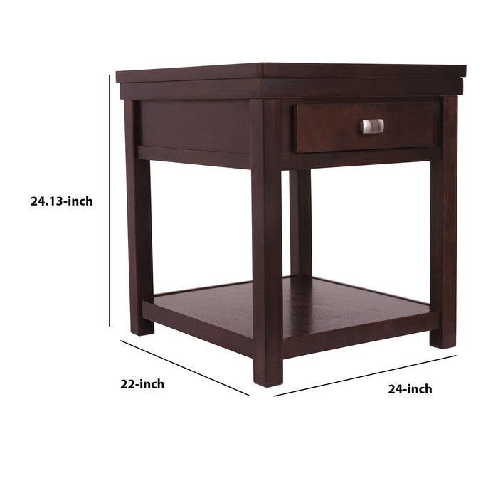 Rectangular Wooden End Table with 1 Drawer and Open Bottom Shelf, Brown