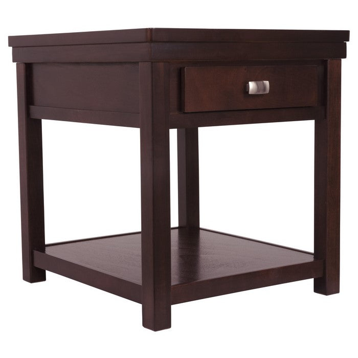 Rectangular Wooden End Table with 1 Drawer and Open Bottom Shelf, Brown