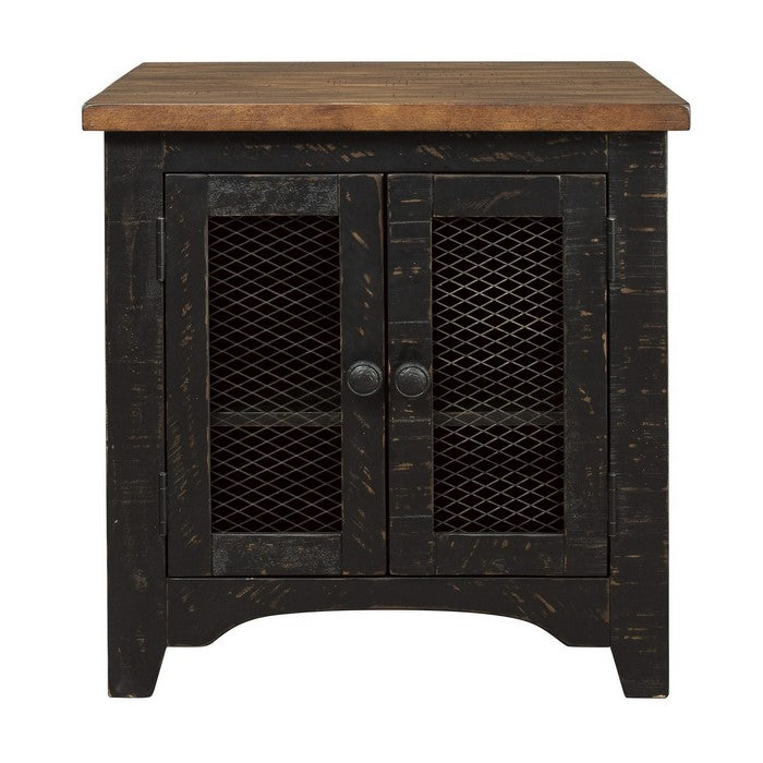 Two Tone Wooden End Table with Metal Grill Cabinet, Brown and Black
