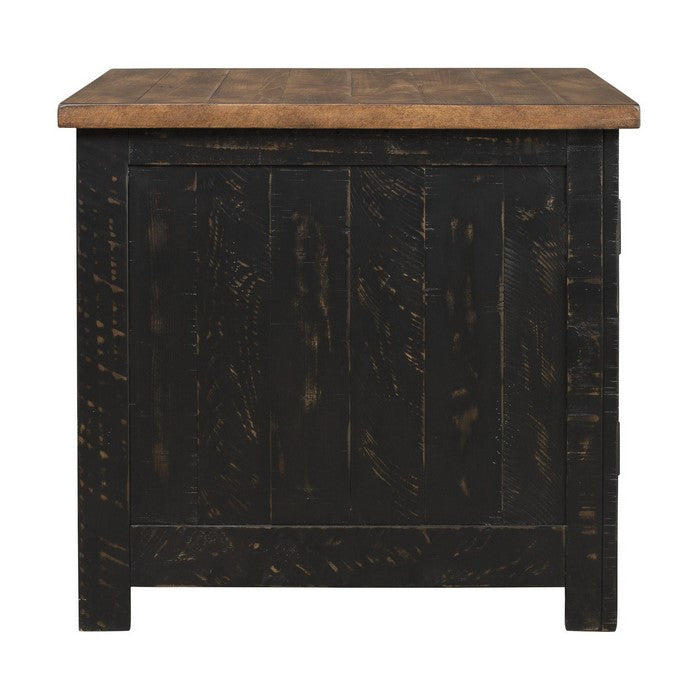 Two Tone Wooden End Table with Metal Grill Cabinet, Brown and Black