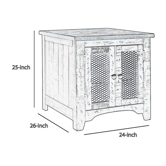Two Tone Wooden End Table with Metal Grill Cabinet, Brown and Black
