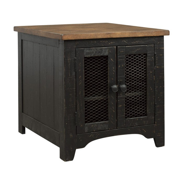 Two Tone Wooden End Table with Metal Grill Cabinet, Brown and Black
