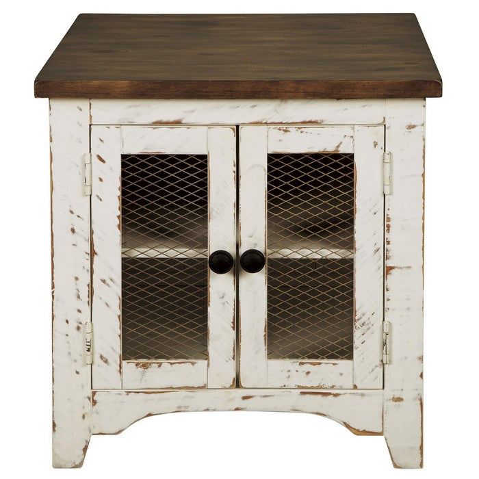 Two Tone Wooden End Table with Metal Grill Cabinet, Brown and White