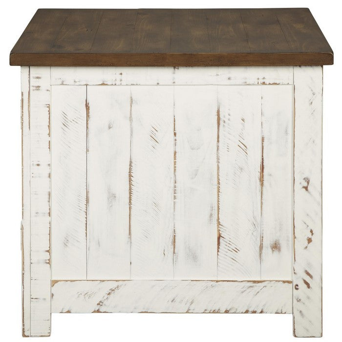Two Tone Wooden End Table with Metal Grill Cabinet, Brown and White