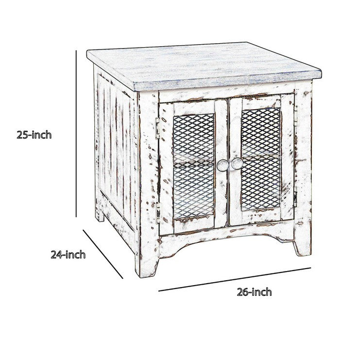 Two Tone Wooden End Table with Metal Grill Cabinet, Brown and White