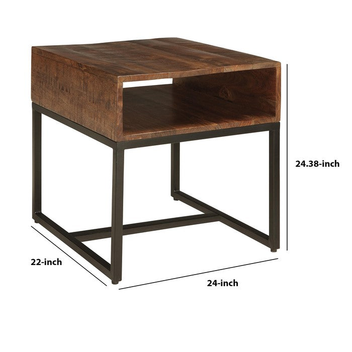 Two Tone Rectangular Wooden End Table with Open Cubby, Black and Brown