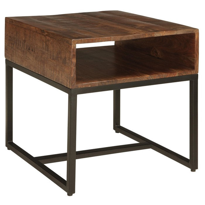 Two Tone Rectangular Wooden End Table with Open Cubby, Black and Brown