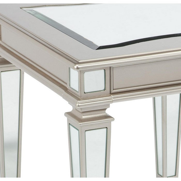 Wooden End Table with Mirror Top and Tapered Legs,Champagne Gold and Silver