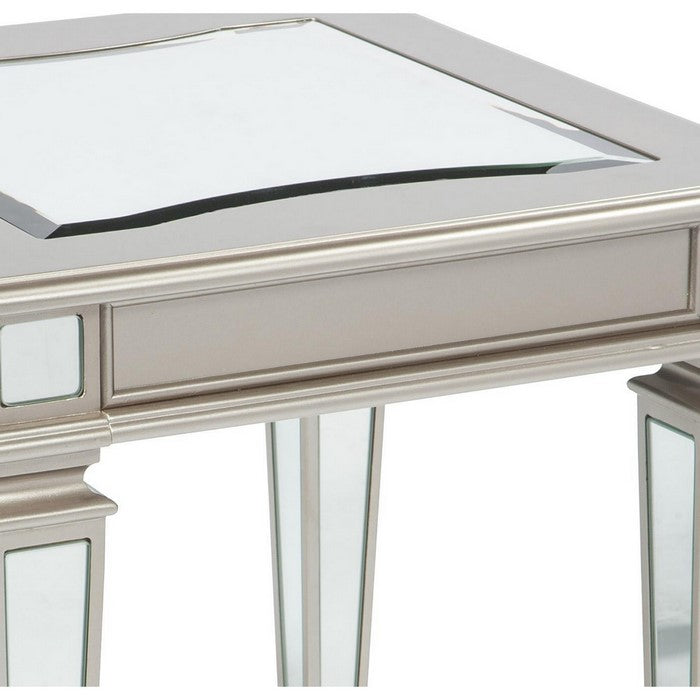 Wooden End Table with Mirror Top and Tapered Legs,Champagne Gold and Silver
