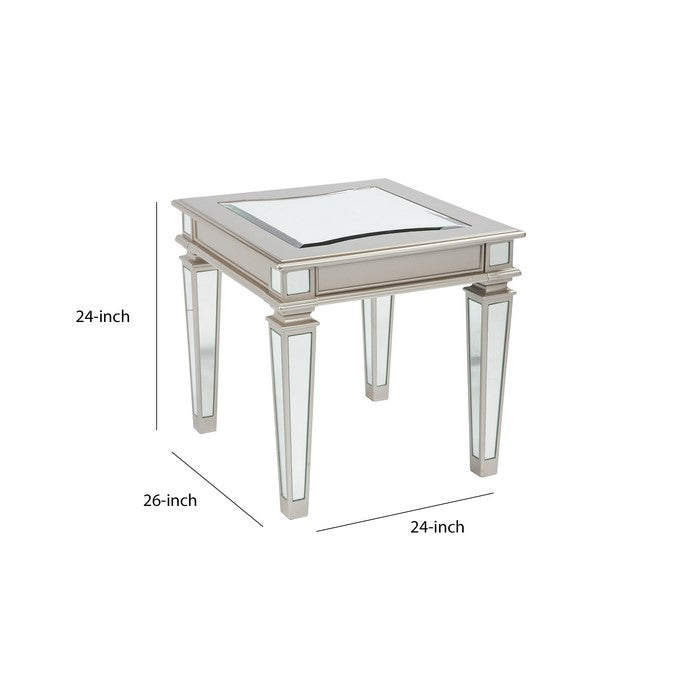 Wooden End Table with Mirror Top and Tapered Legs,Champagne Gold and Silver