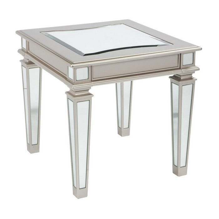 Wooden End Table with Mirror Top and Tapered Legs,Champagne Gold and Silver