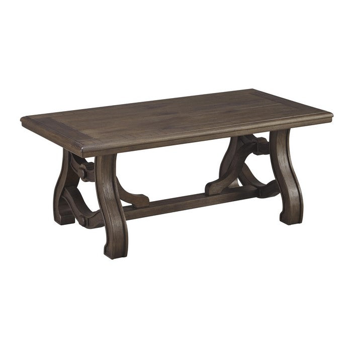 Plank Grooved Wooden Frame Cocktail Table with Ornate Legs, Brown
