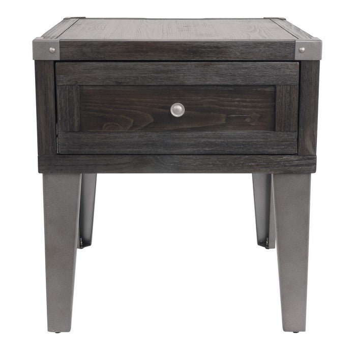 Rectangular Wooden End Table with 1 Drawer and Corner Metal Brackets, Gray