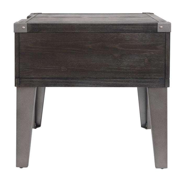 Rectangular Wooden End Table with 1 Drawer and Corner Metal Brackets, Gray