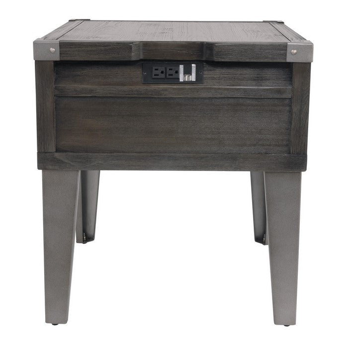 Rectangular Wooden End Table with 1 Drawer and Corner Metal Brackets, Gray
