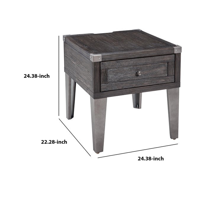 Rectangular Wooden End Table with 1 Drawer and Corner Metal Brackets, Gray