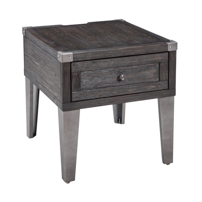 Rectangular Wooden End Table with 1 Drawer and Corner Metal Brackets, Gray