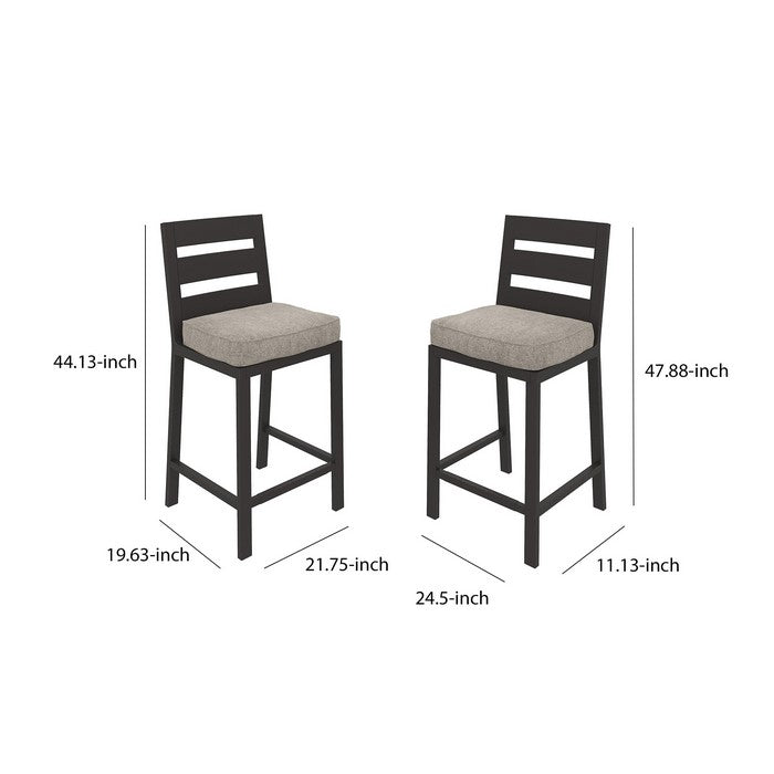Slatted Aluminum Frame Barstool with Padded Seat, Gray, Set of 2