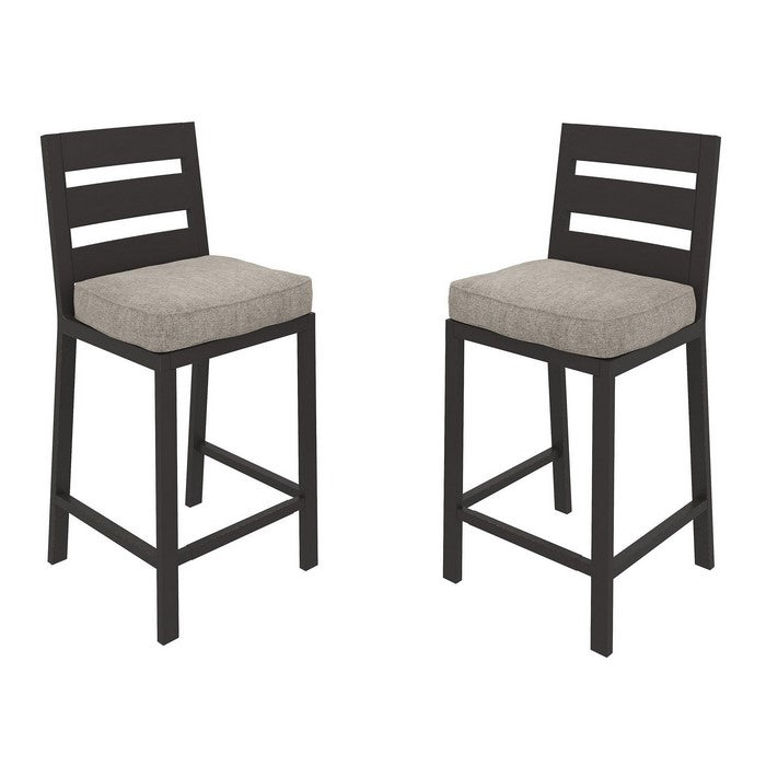 Slatted Aluminum Frame Barstool with Padded Seat, Gray, Set of 2