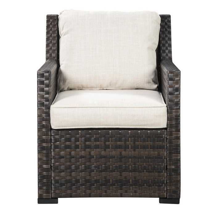 Resin Wicker Woven Lounge Chair with Track Arms, Brown and Beige