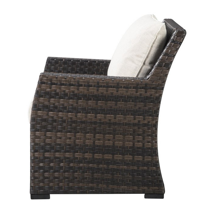 Resin Wicker Woven Lounge Chair with Track Arms, Brown and Beige