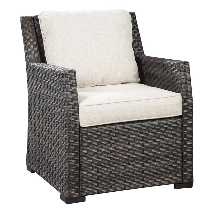 Resin Wicker Woven Lounge Chair with Track Arms, Brown and Beige