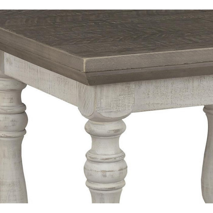 Plank Style End Table with Turned Legs and Open Shelf, White and Gray
