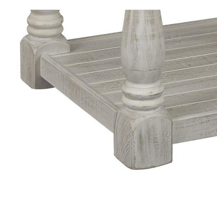 Plank Style End Table with Turned Legs and Open Shelf, White and Gray
