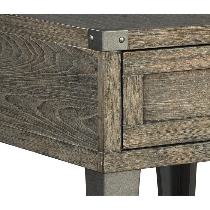Rectangular Wooden End Table with 1 Drawer and Corner Metal Brackets, Brown