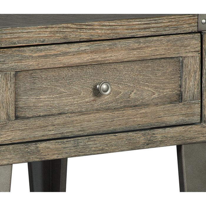 Rectangular Wooden End Table with 1 Drawer and Corner Metal Brackets, Brown