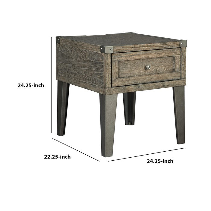 Rectangular Wooden End Table with 1 Drawer and Corner Metal Brackets, Brown