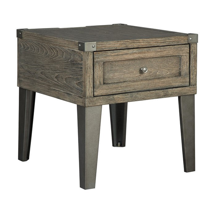Rectangular Wooden End Table with 1 Drawer and Corner Metal Brackets, Brown