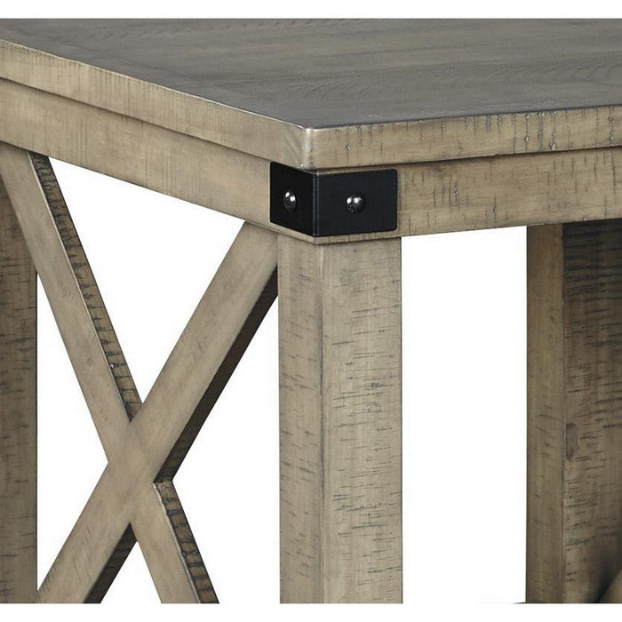 Farmhouse Style End Table with X Shaped Sides and Open Bottom Shelf, Gray