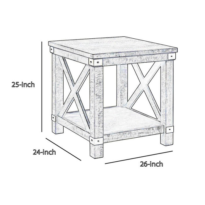 Farmhouse Style End Table with X Shaped Sides and Open Bottom Shelf, Gray